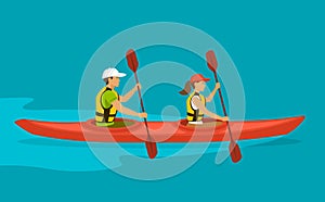 Couple Rowing Paddling in double Kayak