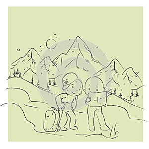 Couple run into Map, Adventure, Tourist, Sightseeing, Journey, Inspiration and Concept. Hand drawn Vector illustration