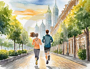Couple running in the city watercolor illustration