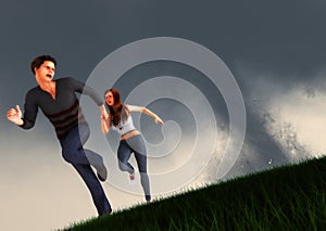 A Couple Running From Tornado Natural Disaster