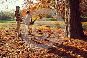 Couple`s autumn walk through the park