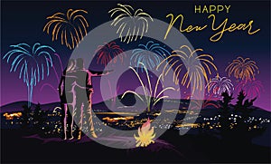 The couple`s background illustration was celebrating the new year at the summit by watching fireworks and bonfires. photo