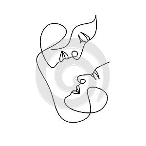 Couple`s face one line drawing. Man and woman face. Love romance. Minimalist art line. Vector illustration