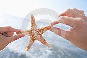 Couple`s hands holding starfish at the beach