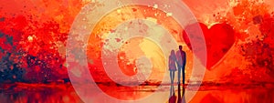couple's silhouette against a vivid backdrop of orange and red hues, with a large heart symbol dominating the