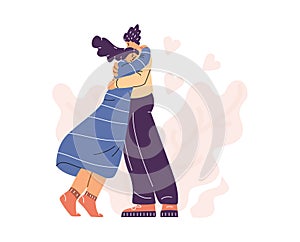 Couple of sad woman and man hugging to support each other in grief, vector cartoon people embracing, empathy, compassion