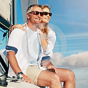 Couple sailing on yacht, adventure and travel, vacation with sea view, love and commitment with blue sky. Man, woman and
