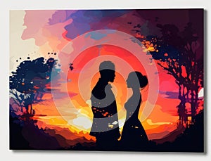 A couple saying their vows under a romantic sunset. AI generation