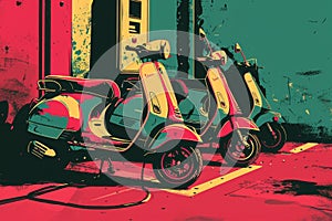 A couple of scooters parked next to a gas pump in a parking lot, Pop art style illustration of electric scooters charging at a