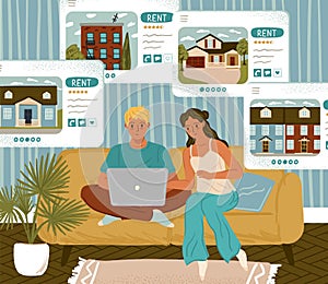 Couple searching house for rent online. Real estate concept vector illustration. Choice of home or apartment by rating