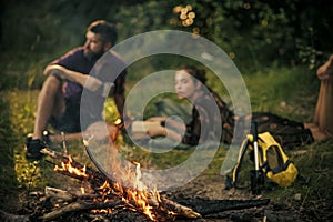 Couple secrets fantasy. Bonfire flame burn and blurred man woman relax on nature