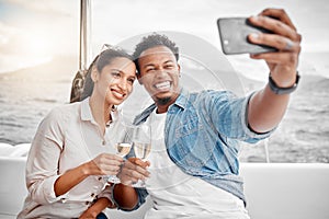 Couple, selfie and toast on a yacht with a phone for celebration, anniversary and luxury together. Champagne, happy and