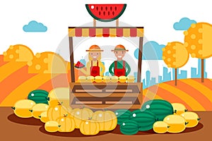 Couple sells seasonal fruits set vector illustration. Man and woman character stand behind counter with melon