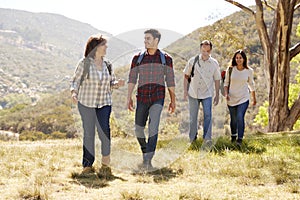 Couple and senior parents talking during a mountain walk