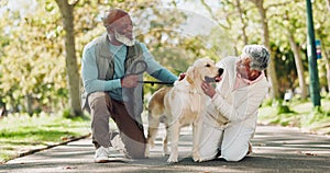 Couple, senior people and happy with dog in park for walk, exercise and fitness on retirement in New York. Relationship