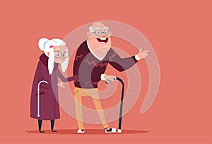 Couple Senior People Walking With Stick Modern Grandfather And Grandmother Full Length