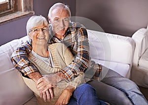 Couple, senior and portrait with hug, smile and home for happy retirement. Mature man, woman and marriage with elderly