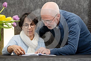 Couple of senior reading a book at home