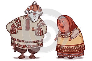 Couple of seniors dressed in traditional Russian folk costumes. Funny cartoon characters.