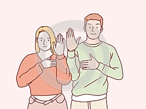 Couple serious stop Gesture refuse no With Crossed x Hands on heart simple korean style illustration
