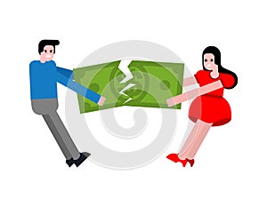 Couple share money after divorce. Man and woman is pulling Cash in different directions. Concept section of property after family