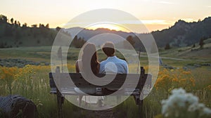 A couple sharing a quiet, intimate moment on a rustic wooden swing overlooking a picturesque meadow