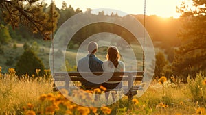 A couple sharing a quiet, intimate moment on a rustic wooden swing overlooking a picturesque meadow