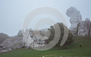 Couple shooting wedding photo in rocky nature in heavy fog