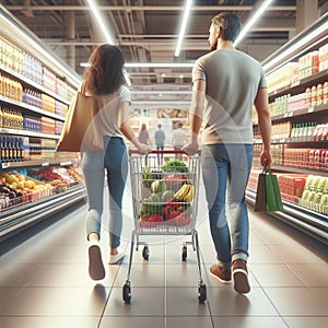 A couple shopping for groceries in a well-lit supermarket aisle. They are pushing a cart filled with fresh produce. In