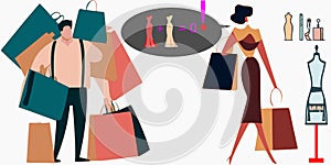 Couple shopping man overburdened lady not satisfied yet vector graphics illustration