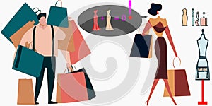 Couple shopping man overburdened lady not satisfied yet vector graphics illustration photo
