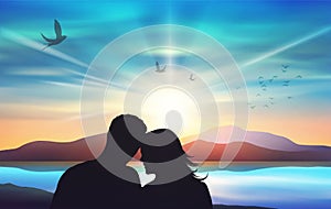 Couple silhouette, freedom, birds flying, lovers at sunset, sunrise romantic atmosphere nature background