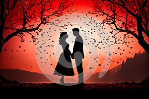 Couple silhouette with rad background for Valentine Day.