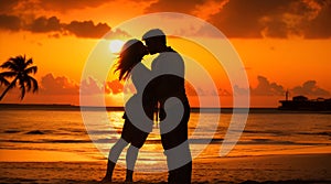 A Couple in Silhouette Romance on the Beach at Twilight