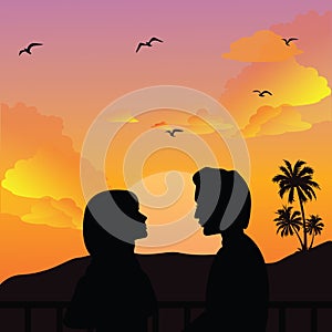 Couple silhouette romance man woman girls sunset