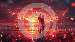couple in silhouette stands against a sunset, with hearts floating on the reflective water's surface