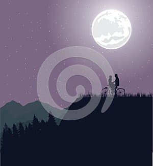 Couple silhouette under the moon in bicycle riding bike romance