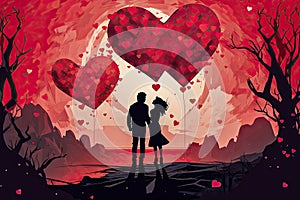 Couple Silhouetted on Valentine\'s Day, With Floating Red Hearts all Around Them