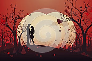 Couple Silhouetted on Valentine\'s Day, With Floating Red Hearts all Around Them