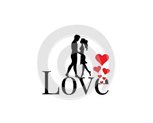 Couple Silhouettes and love wording, Vector. Man and woman silhouettes in relationship isolated on white background