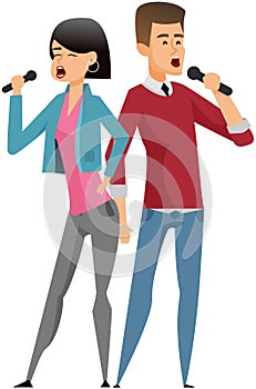 Couple of singers with microphones. Cartoon young male, pretty female vocalists singing in duet