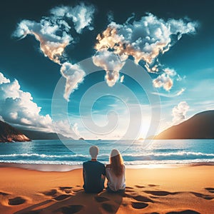 Couple sit on sandy beach looking at clouds in the shape of a world map