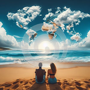 Couple sit on sandy beach looking at clouds in the shape of a world map