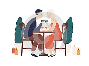 Couple sit at table in restaurant hold gift box vector flat illustration. Happy man and woman at romantic dinner with