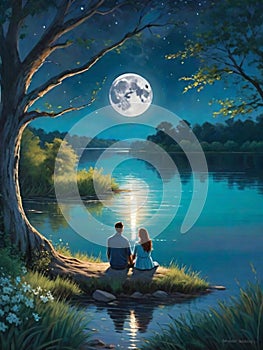 Couple sits on the riverbank under the moon