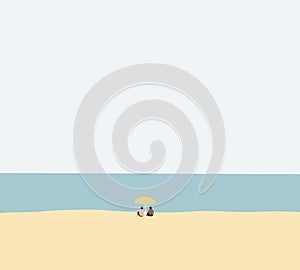 Couple sitting on the beach under yellow umbrella on island vacation holiday relax in the sun.
