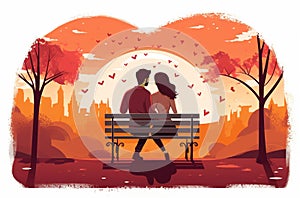 Couple sitting on bench. Bonding in Happiness. Happy valentines day Vector illustration with beautiful landscape