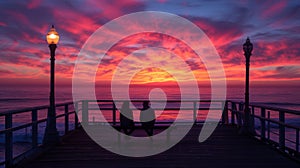 A couple sitting on a bench at the end of pier watching sunset, AI