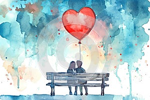 A couple is sitting on a bench with a heart balloon in the air