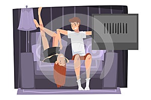 Couple Sitting on Cozy Couch and Watching TV, Smiling Young Man and Woman Spending Time Together at Home Vector